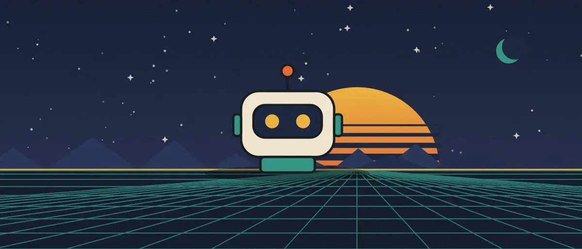 Ilustración retrofuturista: un atardecer a rayas sobre un horizonte de cuadrícula verde azulado bajo un cielo nocturno estrellado, con un robot cuadrado de pie en el horizonte.
