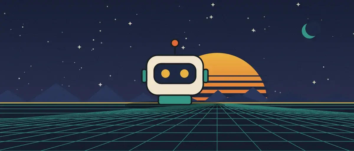 Ilustración retrofuturista: un atardecer a rayas sobre un horizonte de cuadrícula verde azulado bajo un cielo nocturno estrellado, con un robot cuadrado de pie en el horizonte.