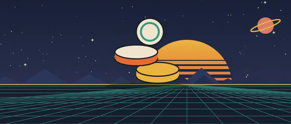 Ilustración retrofuturista: un atardecer a rayas sobre un horizonte de cuadrícula turquesa bajo un cielo nocturno estrellado, con una pila de monedas sobre el horizonte.