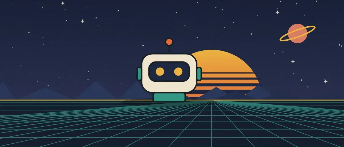 Retro-futurist illustration: a striped sunset over a teal grid horizon under a starry night sky, with a boxy robot standing on the horizon.
