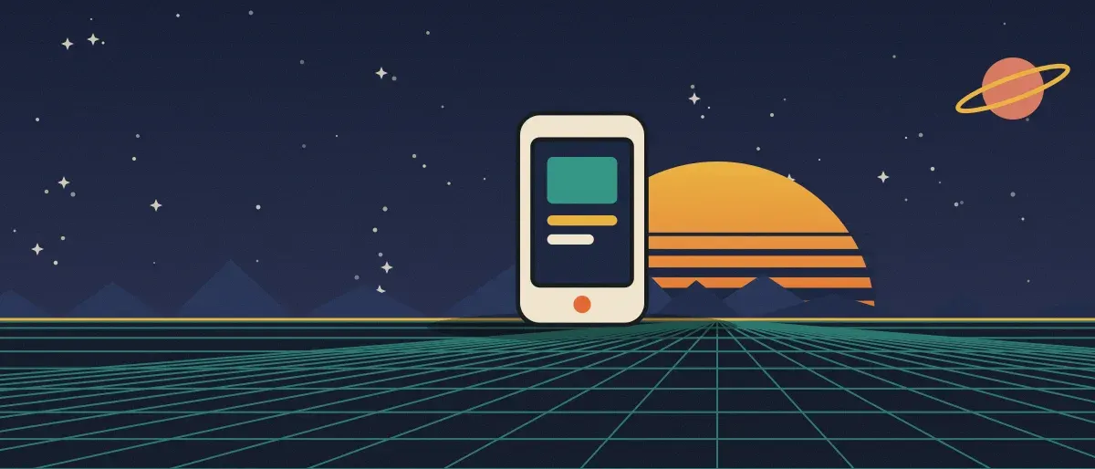 Ilustración retrofuturista: un atardecer a rayas sobre un horizonte de cuadrícula verde azulado bajo un cielo nocturno estrellado, con un teléfono de pie en el horizonte.