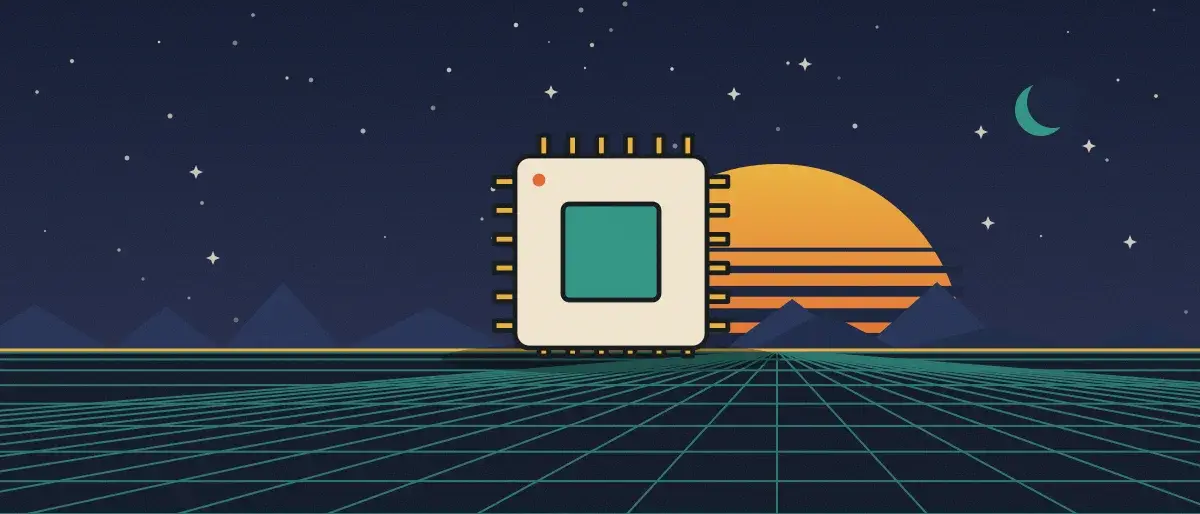 Ilustración retrofuturista: un atardecer a rayas sobre un horizonte de cuadrícula turquesa bajo un cielo nocturno estrellado, con un microchip sobre el horizonte.