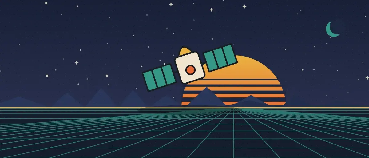 Ilustración retrofuturista: un atardecer a rayas sobre un horizonte de cuadrícula turquesa bajo un cielo nocturno estrellado, con un satélite sobre el horizonte.