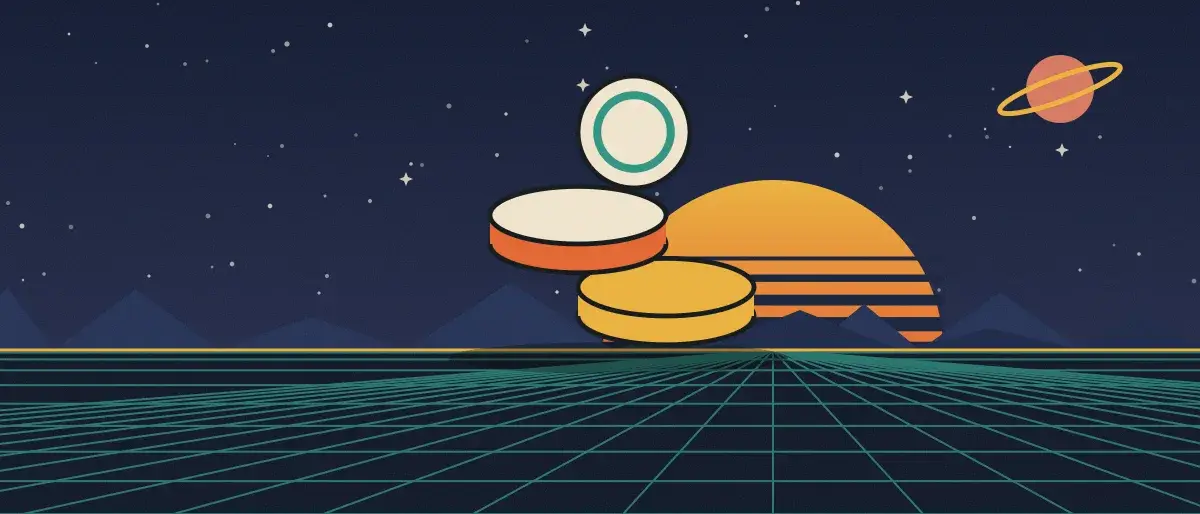 Ilustración retrofuturista: un atardecer a rayas sobre un horizonte de cuadrícula turquesa bajo un cielo nocturno estrellado, con una pila de monedas sobre el horizonte.