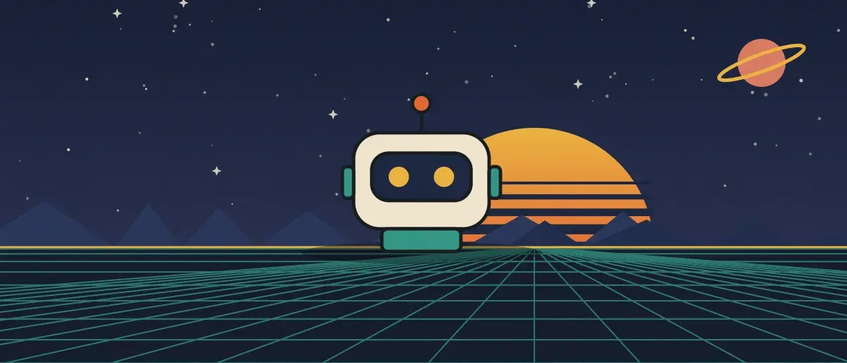 Ilustración retrofuturista: un atardecer a rayas sobre un horizonte de cuadrícula verde azulado bajo un cielo nocturno estrellado, con un robot cuadrado de pie en el horizonte.