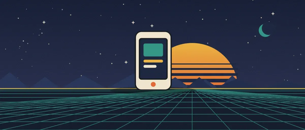 Ilustración retrofuturista: un atardecer a rayas sobre un horizonte de cuadrícula verde azulado bajo un cielo nocturno estrellado, con un teléfono de pie en el horizonte.
