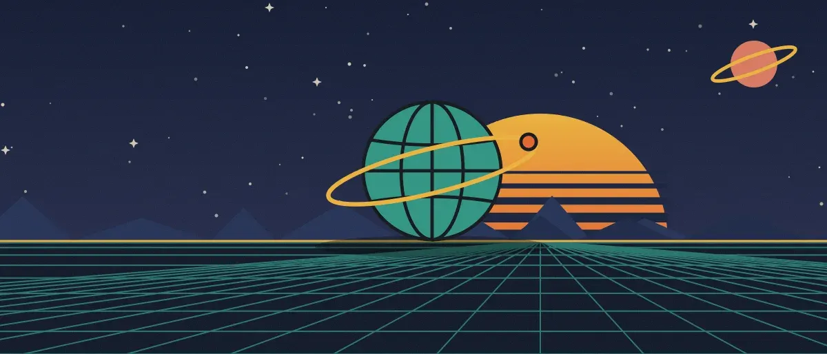 Ilustración retrofuturista: un atardecer a rayas sobre un horizonte de cuadrícula verde azulado bajo un cielo nocturno estrellado, con un globo con anillos en el horizonte.