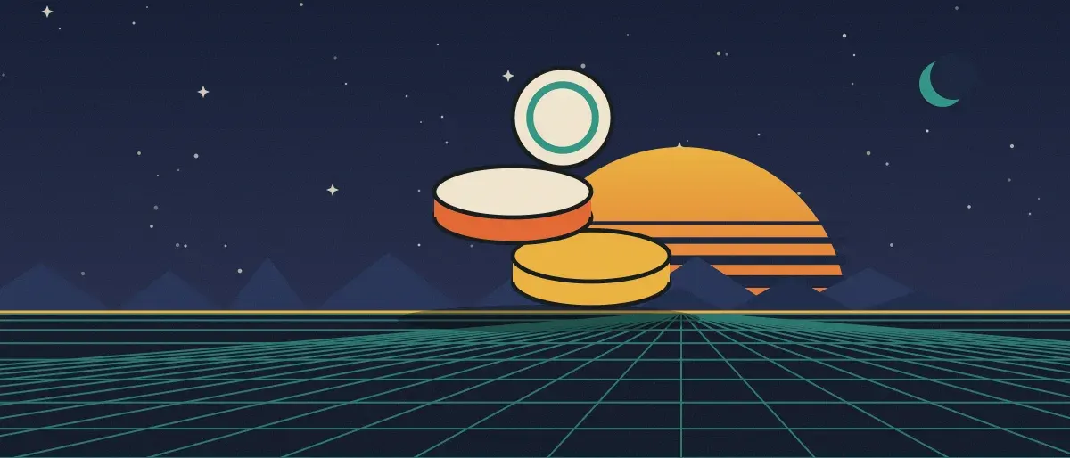 Ilustración retrofuturista: un atardecer a rayas sobre un horizonte de cuadrícula turquesa bajo un cielo nocturno estrellado, con una pila de monedas sobre el horizonte.