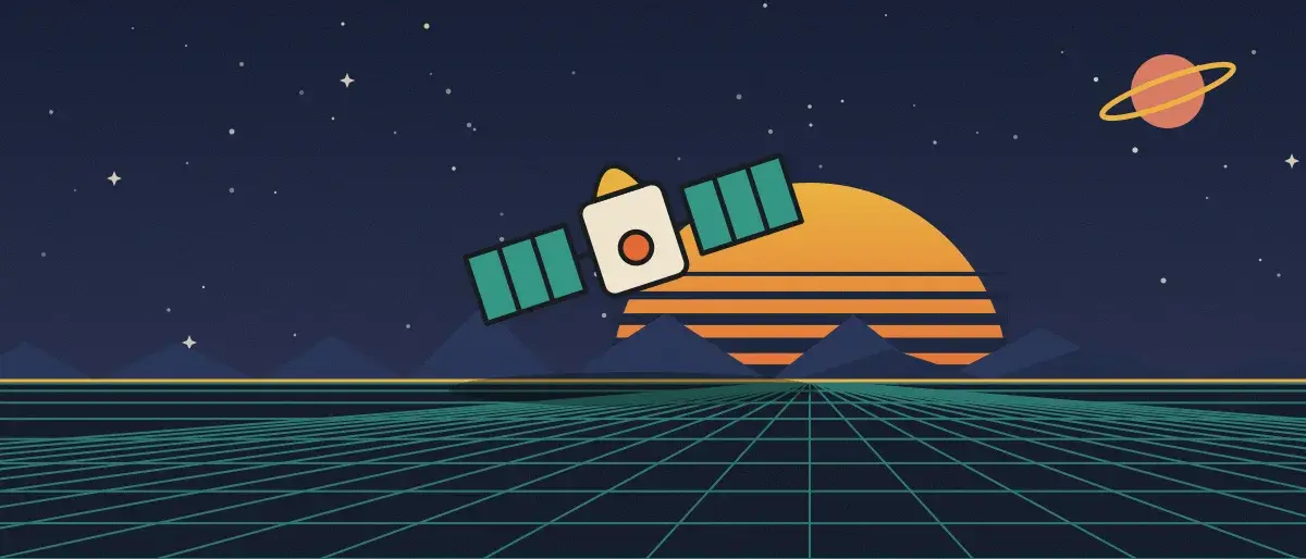 Ilustración retrofuturista: un atardecer a rayas sobre un horizonte de cuadrícula turquesa bajo un cielo nocturno estrellado, con un satélite sobre el horizonte.
