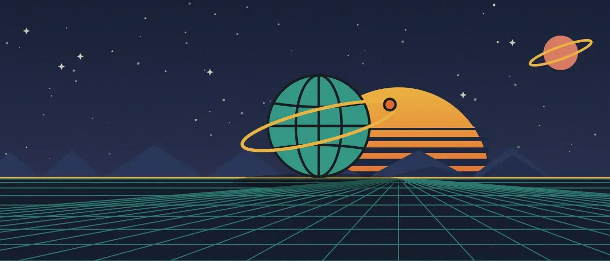 Ilustración retrofuturista: un atardecer a rayas sobre un horizonte de cuadrícula verde azulado bajo un cielo nocturno estrellado, con un globo con anillos en el horizonte.