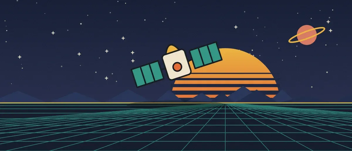 Ilustración retrofuturista: un atardecer a rayas sobre un horizonte de cuadrícula turquesa bajo un cielo nocturno estrellado, con un satélite sobre el horizonte.