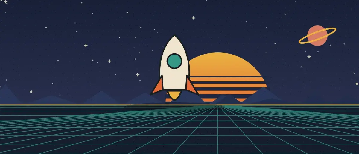 Ilustración retrofuturista: un atardecer a rayas sobre un horizonte de cuadrícula verde azulado bajo un cielo nocturno estrellado, con un cohete de pie en el horizonte.