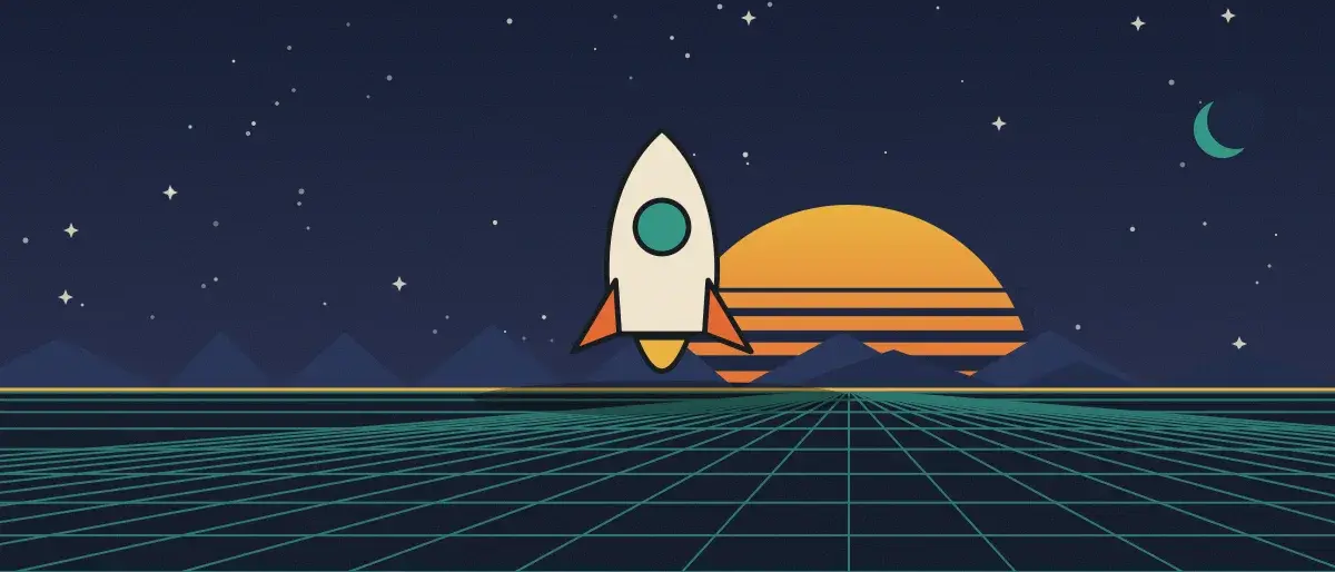 Ilustración retrofuturista: un atardecer a rayas sobre un horizonte de cuadrícula verde azulado bajo un cielo nocturno estrellado, con un cohete de pie en el horizonte.