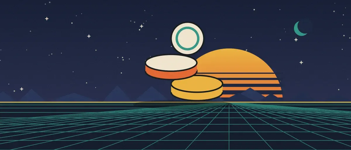 Ilustración retrofuturista: un atardecer a rayas sobre un horizonte de cuadrícula turquesa bajo un cielo nocturno estrellado, con una pila de monedas sobre el horizonte.