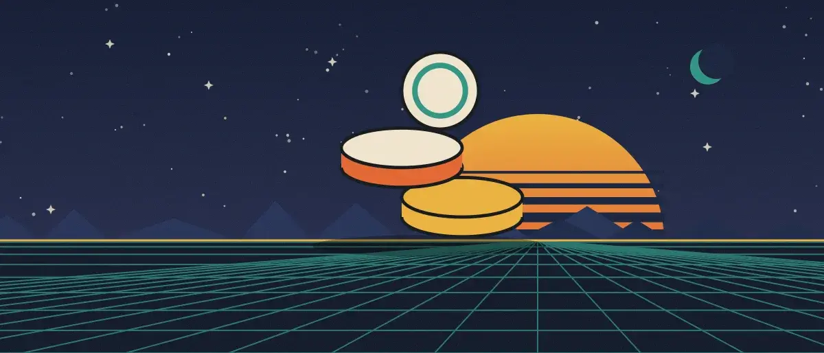 Ilustración retrofuturista: un atardecer a rayas sobre un horizonte de cuadrícula turquesa bajo un cielo nocturno estrellado, con una pila de monedas sobre el horizonte.
