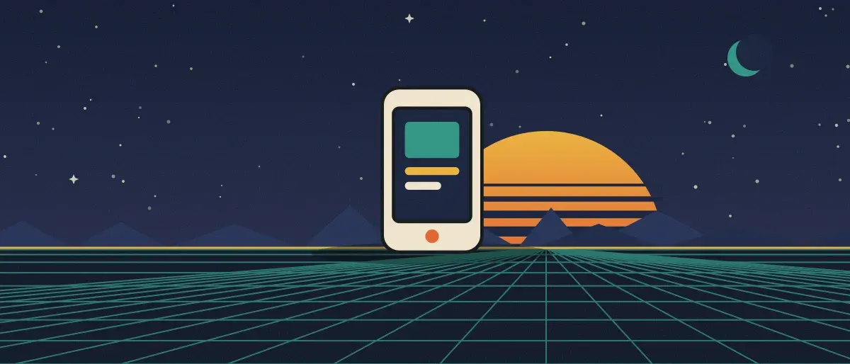 Ilustración retrofuturista: un atardecer a rayas sobre un horizonte de cuadrícula verde azulado bajo un cielo nocturno estrellado, con un teléfono de pie en el horizonte.