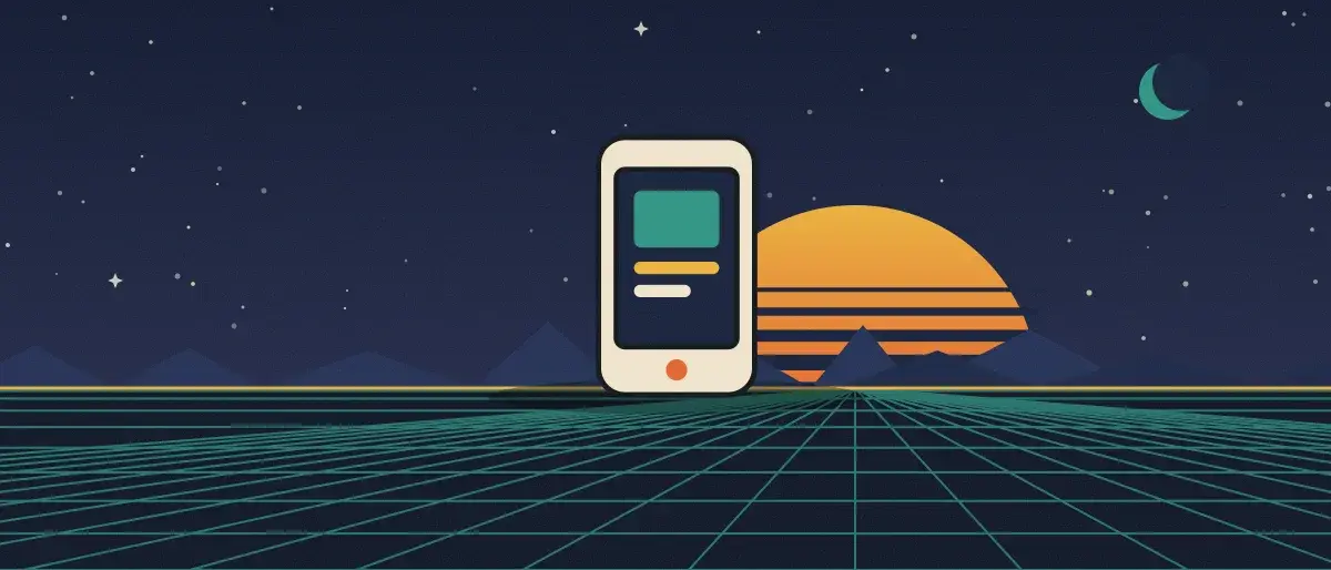 Ilustración retrofuturista: un atardecer a rayas sobre un horizonte de cuadrícula verde azulado bajo un cielo nocturno estrellado, con un teléfono de pie en el horizonte.