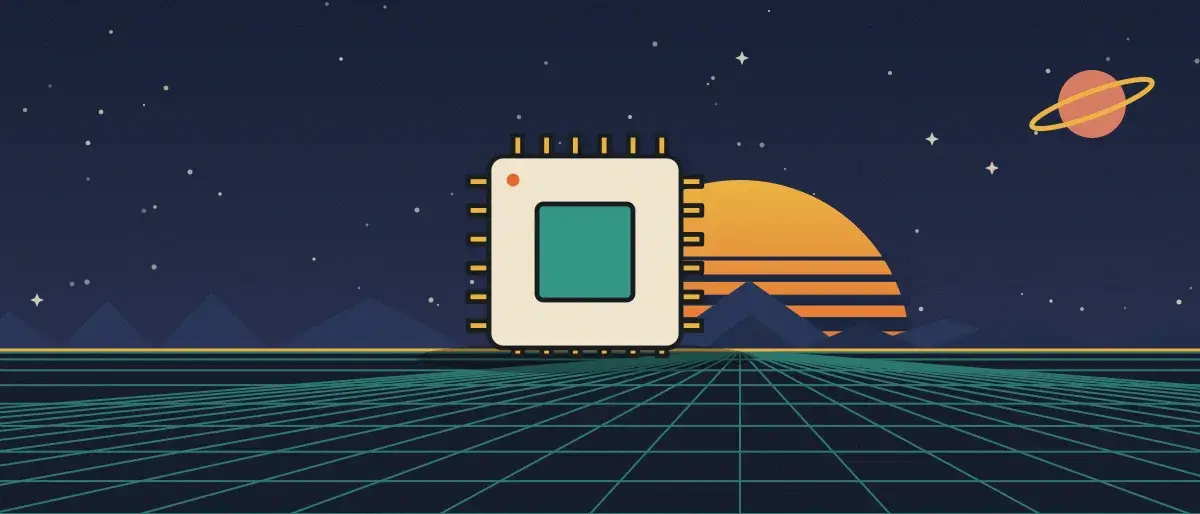Ilustración retrofuturista: un atardecer a rayas sobre un horizonte de cuadrícula turquesa bajo un cielo nocturno estrellado, con un microchip sobre el horizonte.