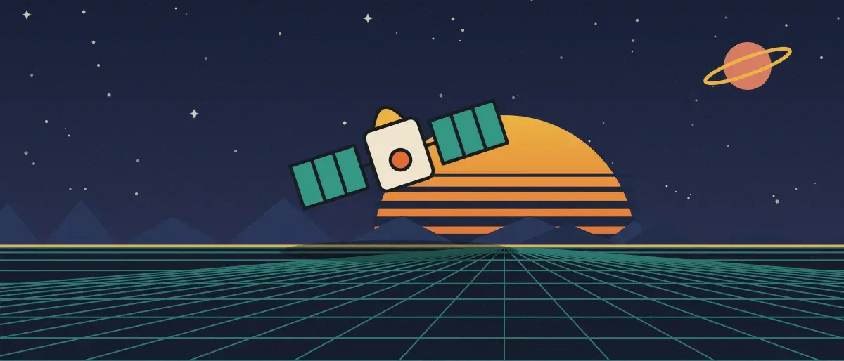 Ilustración retrofuturista: un atardecer a rayas sobre un horizonte de cuadrícula turquesa bajo un cielo nocturno estrellado, con un satélite sobre el horizonte.