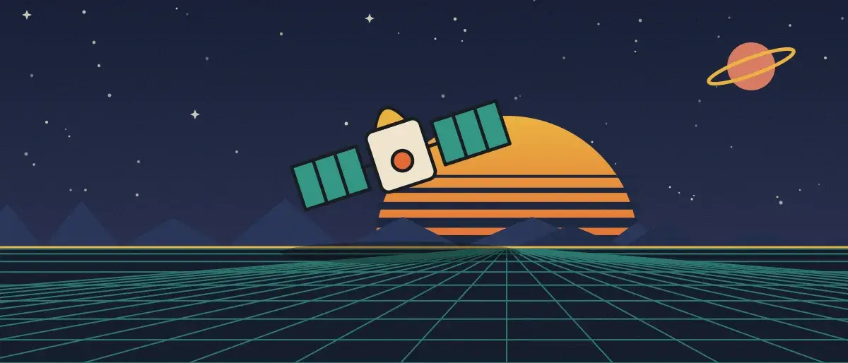Ilustración retrofuturista: un atardecer a rayas sobre un horizonte de cuadrícula turquesa bajo un cielo nocturno estrellado, con un satélite sobre el horizonte.