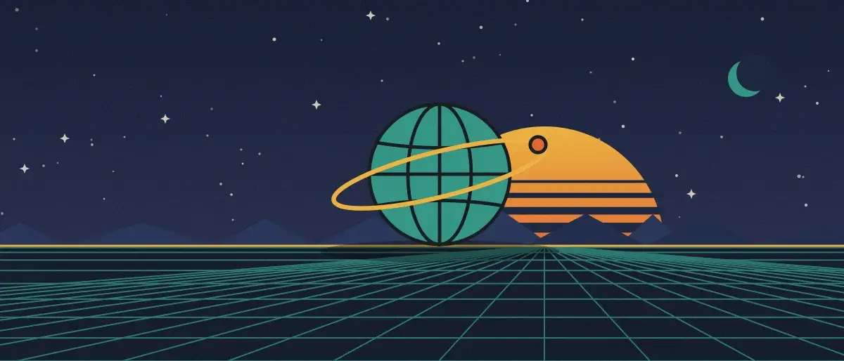 Ilustración retrofuturista: un atardecer a rayas sobre un horizonte de cuadrícula verde azulado bajo un cielo nocturno estrellado, con un globo con anillos en el horizonte.