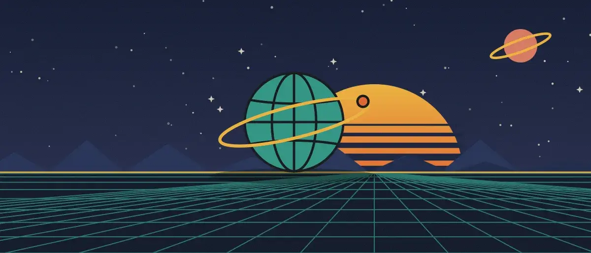 Ilustración retrofuturista: un atardecer a rayas sobre un horizonte de cuadrícula verde azulado bajo un cielo nocturno estrellado, con un globo con anillos en el horizonte.
