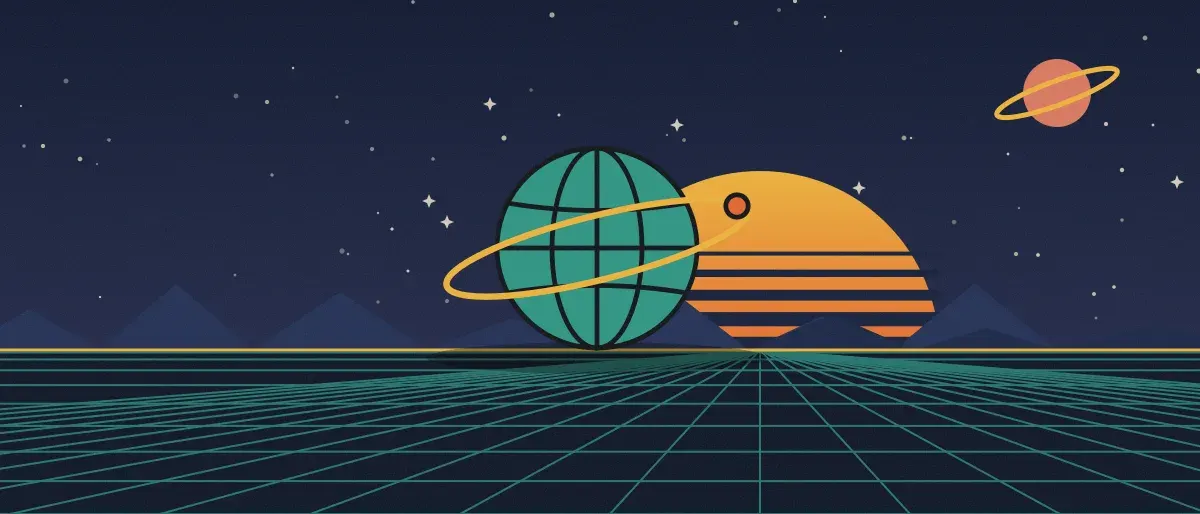 Ilustración retrofuturista: un atardecer a rayas sobre un horizonte de cuadrícula verde azulado bajo un cielo nocturno estrellado, con un globo con anillos en el horizonte.