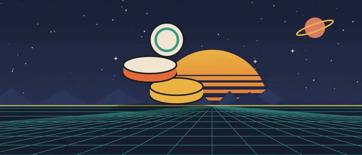 Ilustración retrofuturista: un atardecer a rayas sobre un horizonte de cuadrícula turquesa bajo un cielo nocturno estrellado, con una pila de monedas sobre el horizonte.