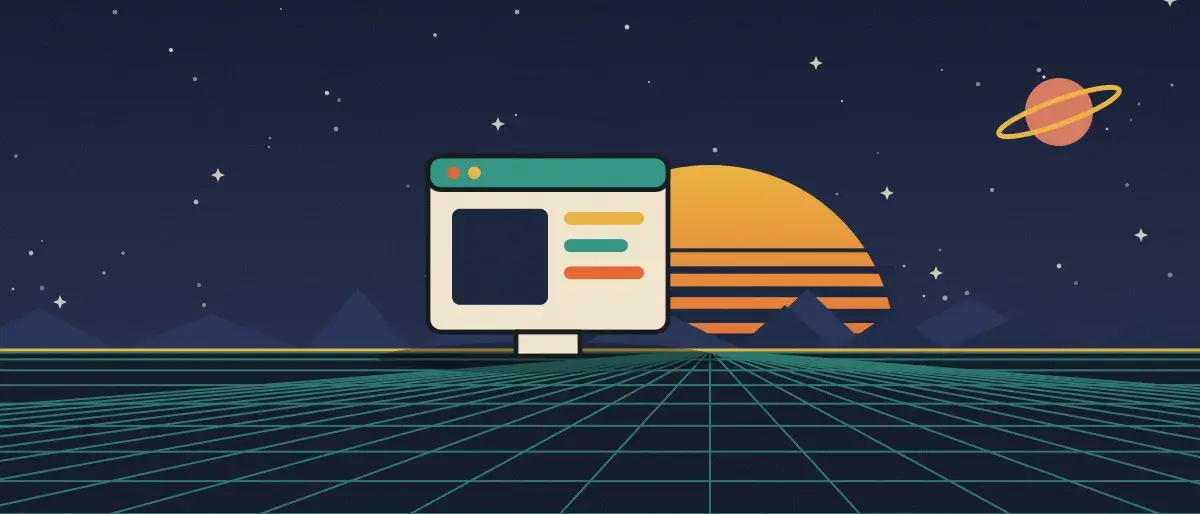 Ilustración retrofuturista: un atardecer a rayas sobre un horizonte de cuadrícula verde azulado bajo un cielo nocturno estrellado, con la ventana de una aplicación en el horizonte.