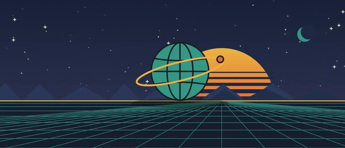 Ilustración retrofuturista: un atardecer a rayas sobre un horizonte de cuadrícula verde azulado bajo un cielo nocturno estrellado, con un globo con anillos en el horizonte.