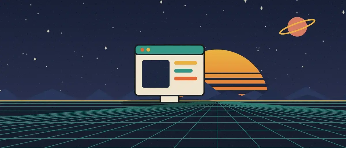 Ilustración retrofuturista: un atardecer a rayas sobre un horizonte de cuadrícula verde azulado bajo un cielo nocturno estrellado, con la ventana de una aplicación en el horizonte.