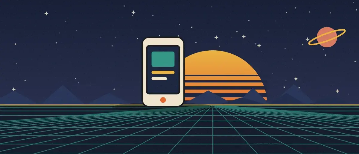 Ilustración retrofuturista: un atardecer a rayas sobre un horizonte de cuadrícula verde azulado bajo un cielo nocturno estrellado, con un teléfono de pie en el horizonte.