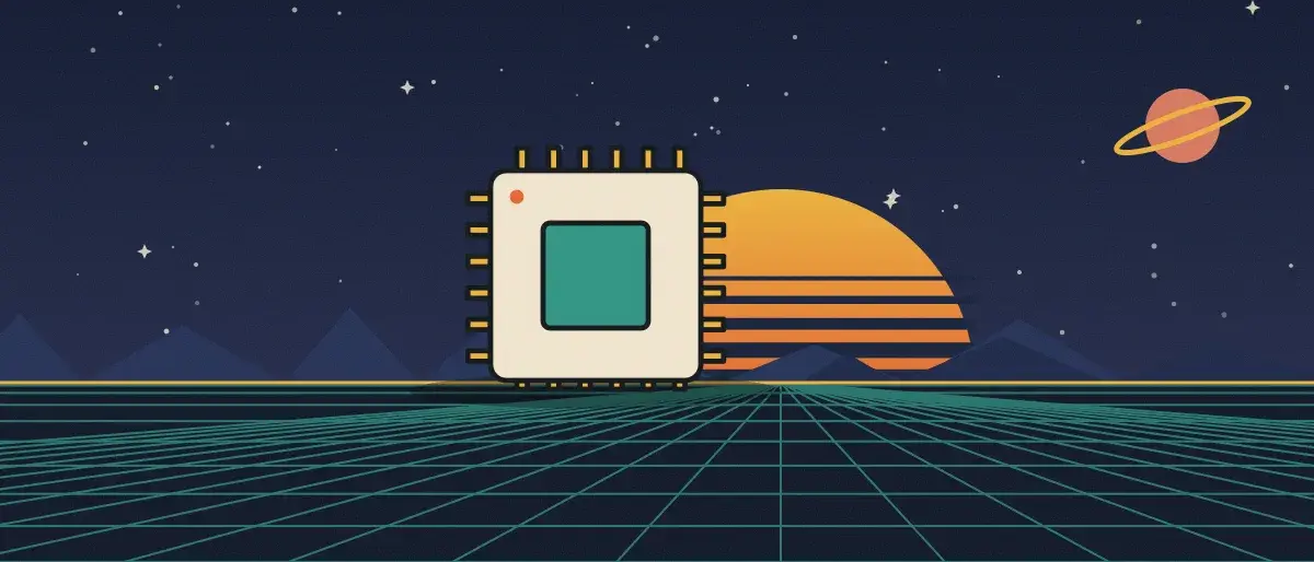 Ilustración retrofuturista: un atardecer a rayas sobre un horizonte de cuadrícula turquesa bajo un cielo nocturno estrellado, con un microchip sobre el horizonte.