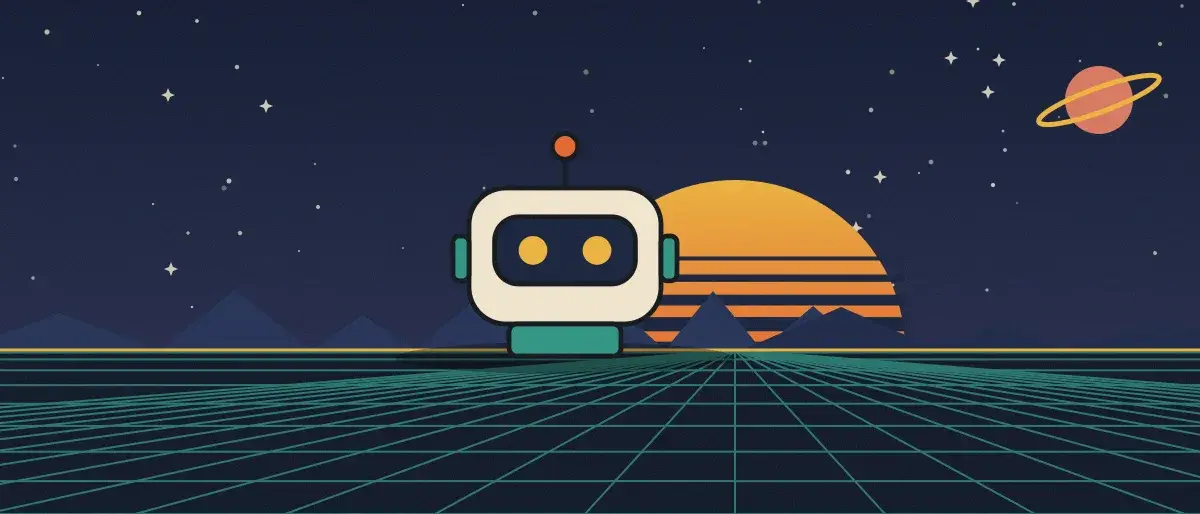 Ilustración retrofuturista: un atardecer a rayas sobre un horizonte de cuadrícula verde azulado bajo un cielo nocturno estrellado, con un robot cuadrado de pie en el horizonte.