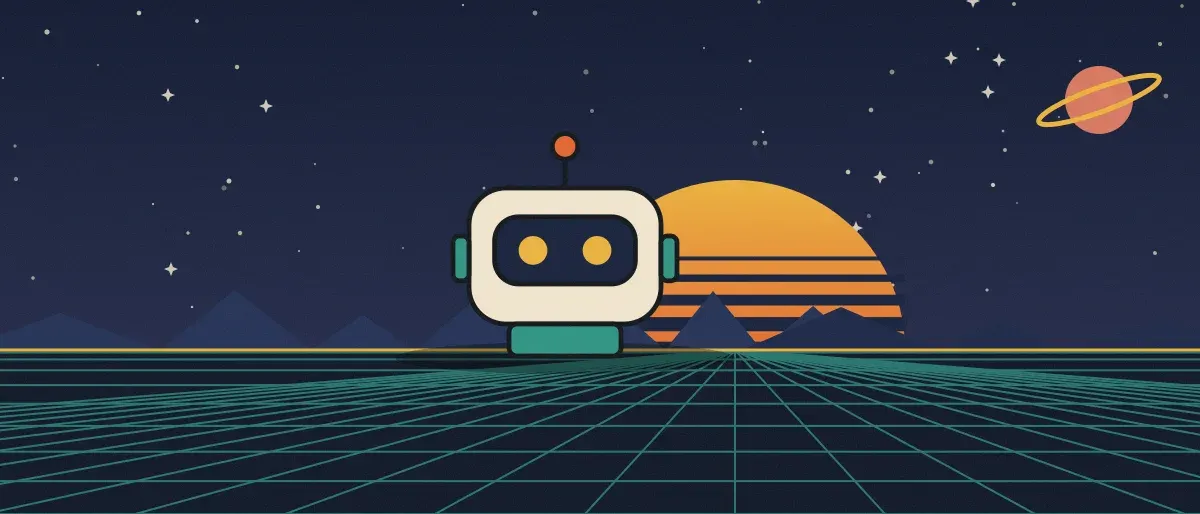 Ilustración retrofuturista: un atardecer a rayas sobre un horizonte de cuadrícula verde azulado bajo un cielo nocturno estrellado, con un robot cuadrado de pie en el horizonte.