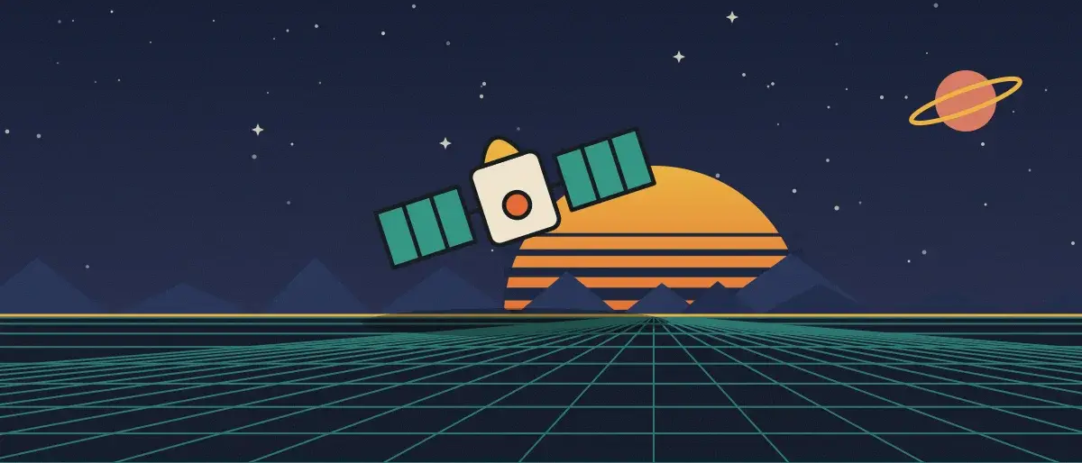 Retro-futurist illustration: a striped sunset over a teal grid horizon under a starry night sky, with a satellite standing on the horizon.