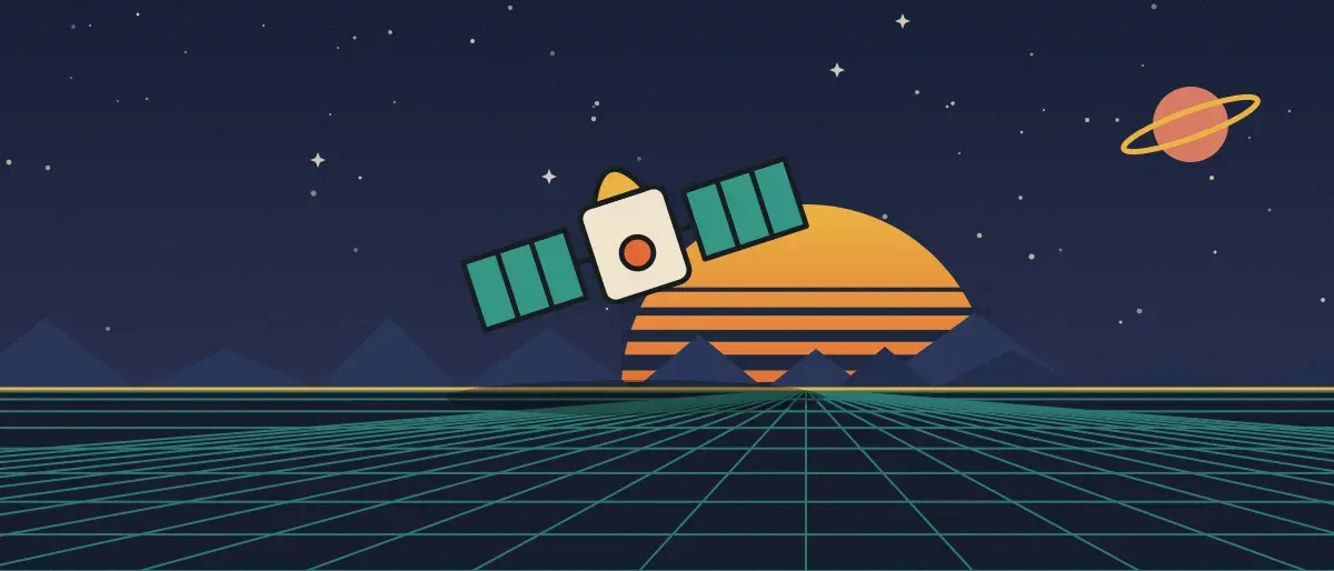 Retro-futurist illustration: a striped sunset over a teal grid horizon under a starry night sky, with a satellite standing on the horizon.