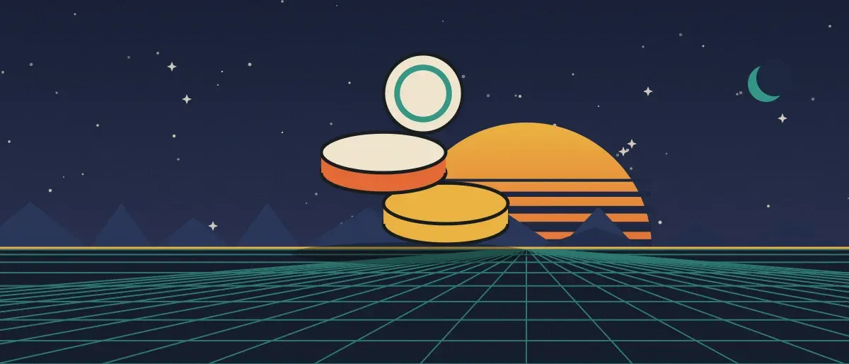 Retro-futurist illustration: a striped sunset over a teal grid horizon under a starry night sky, with a stack of coins standing on the horizon.