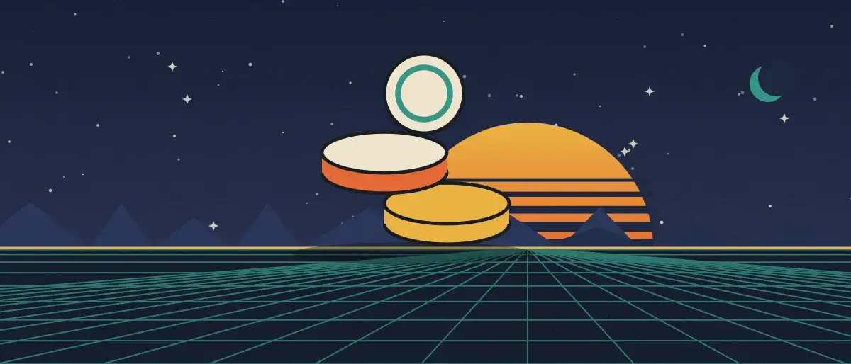 Retro-futurist illustration: a striped sunset over a teal grid horizon under a starry night sky, with a stack of coins standing on the horizon.