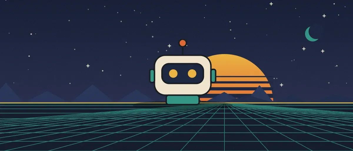 Retro-futurist illustration: a striped sunset over a teal grid horizon under a starry night sky, with a boxy robot standing on the horizon.
