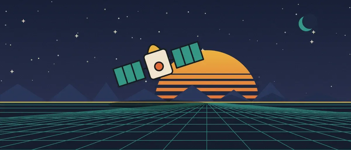 Ilustración retrofuturista: un atardecer a rayas sobre un horizonte de cuadrícula turquesa bajo un cielo nocturno estrellado, con un satélite sobre el horizonte.