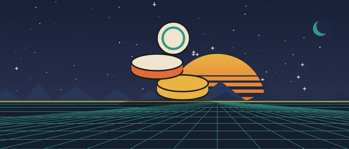 Ilustración retrofuturista: un atardecer a rayas sobre un horizonte de cuadrícula turquesa bajo un cielo nocturno estrellado, con una pila de monedas sobre el horizonte.