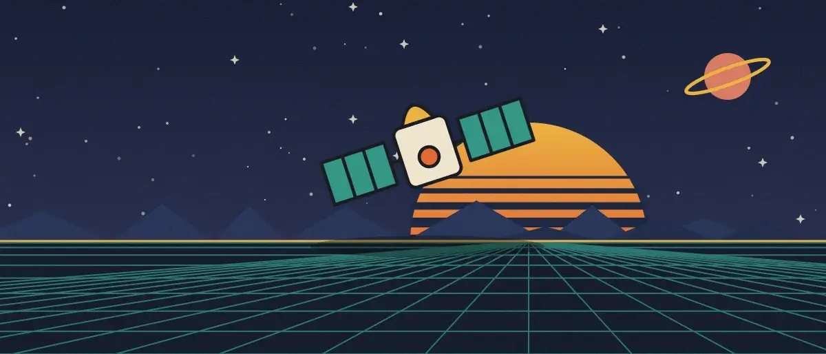 Ilustración retrofuturista: un atardecer a rayas sobre un horizonte de cuadrícula turquesa bajo un cielo nocturno estrellado, con un satélite sobre el horizonte.