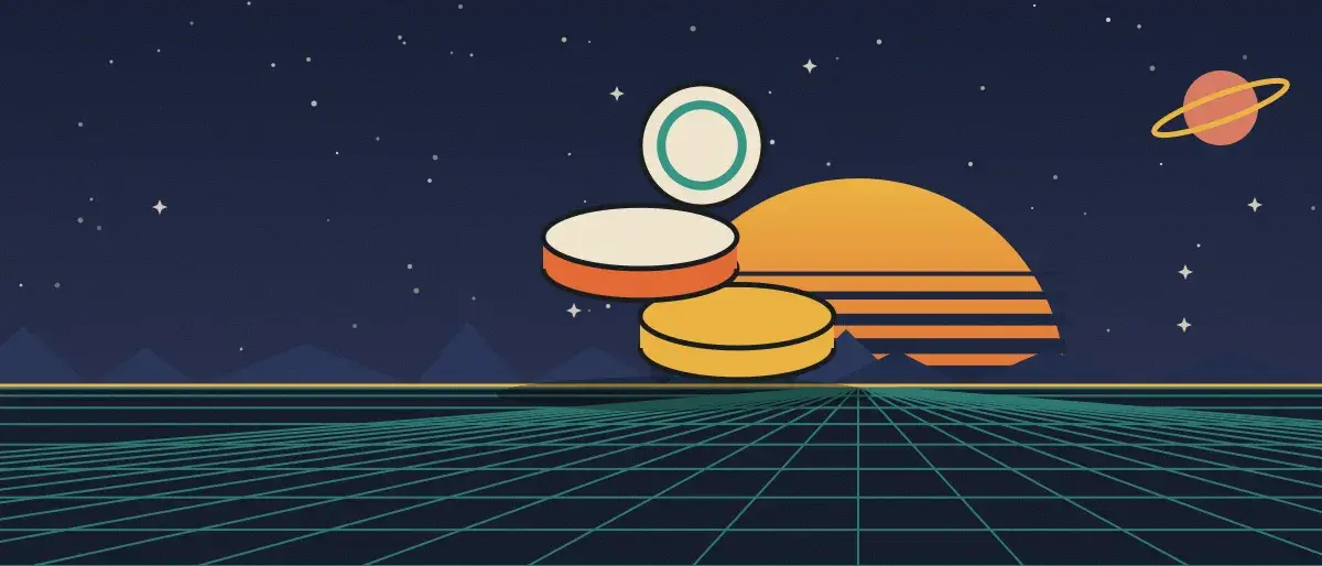 Ilustración retrofuturista: un atardecer a rayas sobre un horizonte de cuadrícula turquesa bajo un cielo nocturno estrellado, con una pila de monedas sobre el horizonte.