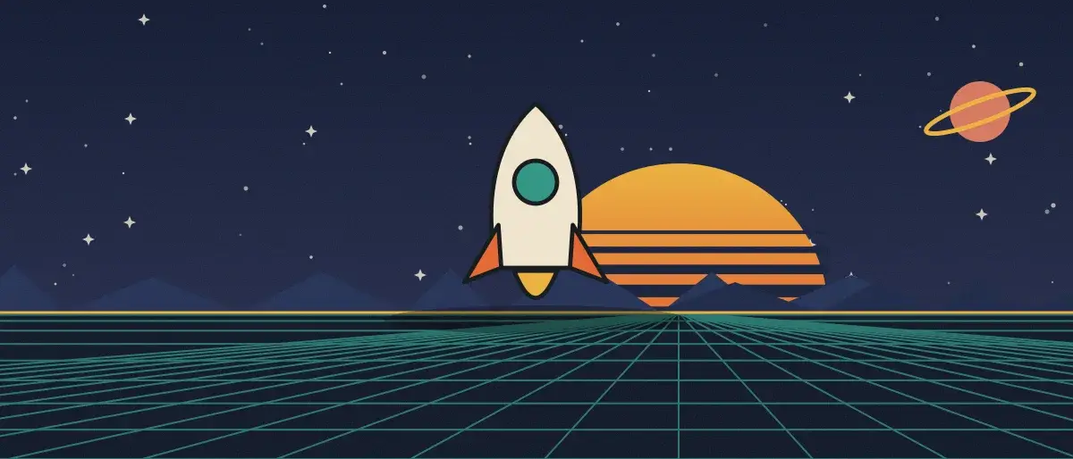 Ilustración retrofuturista: un atardecer a rayas sobre un horizonte de cuadrícula verde azulado bajo un cielo nocturno estrellado, con un cohete de pie en el horizonte.