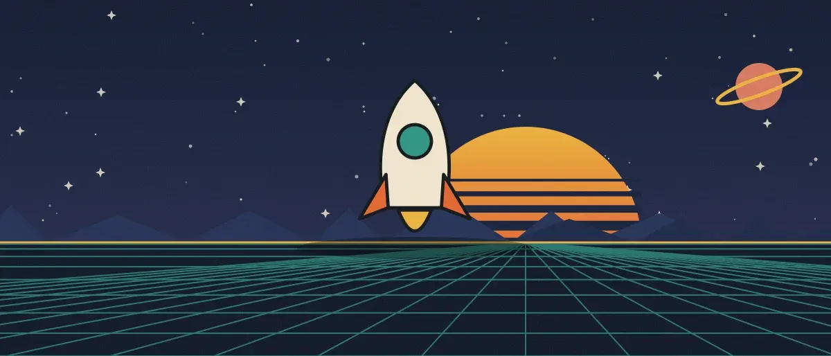 Ilustración retrofuturista: un atardecer a rayas sobre un horizonte de cuadrícula verde azulado bajo un cielo nocturno estrellado, con un cohete de pie en el horizonte.
