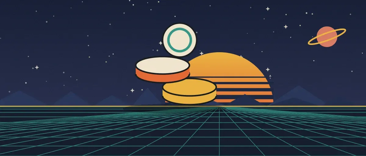 Ilustración retrofuturista: un atardecer a rayas sobre un horizonte de cuadrícula turquesa bajo un cielo nocturno estrellado, con una pila de monedas sobre el horizonte.