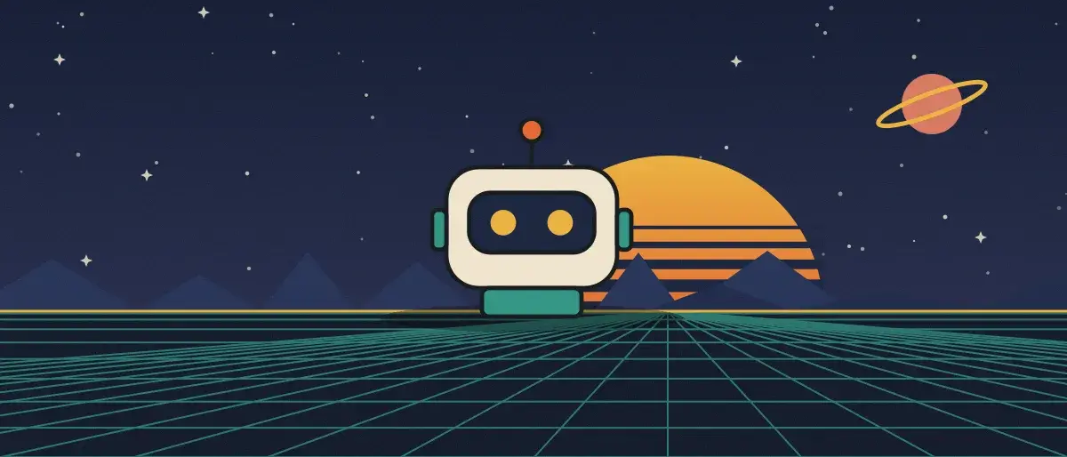 Ilustración retrofuturista: un atardecer a rayas sobre un horizonte de cuadrícula verde azulado bajo un cielo nocturno estrellado, con un robot cuadrado de pie en el horizonte.