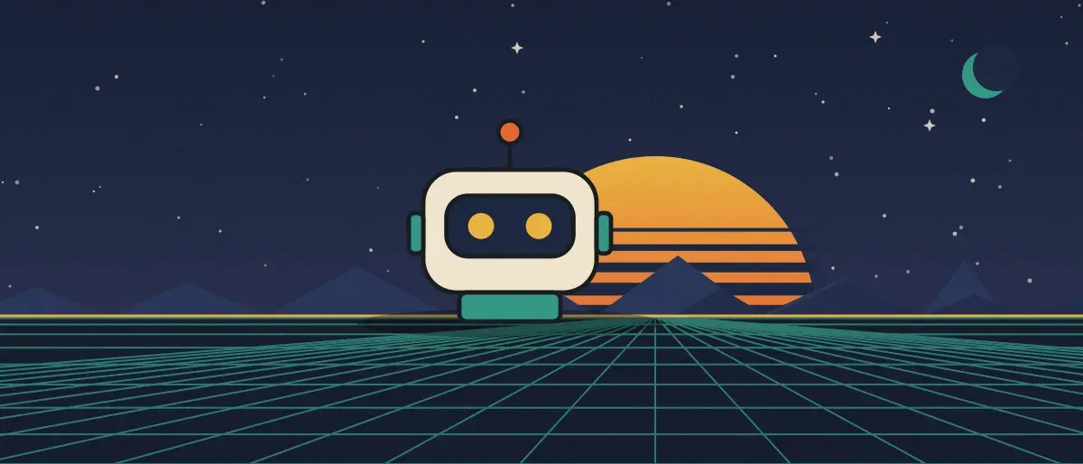 Ilustración retrofuturista: un atardecer a rayas sobre un horizonte de cuadrícula verde azulado bajo un cielo nocturno estrellado, con un robot cuadrado de pie en el horizonte.