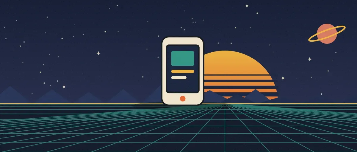 Ilustración retrofuturista: un atardecer a rayas sobre un horizonte de cuadrícula verde azulado bajo un cielo nocturno estrellado, con un teléfono de pie en el horizonte.